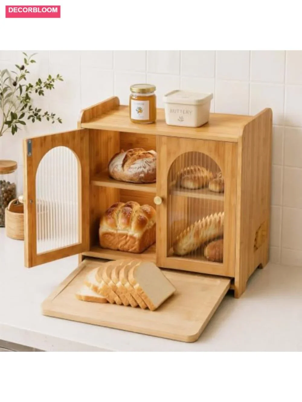 Double Layer Bamboo Bread Box with Acrylic Window and Cutting Board